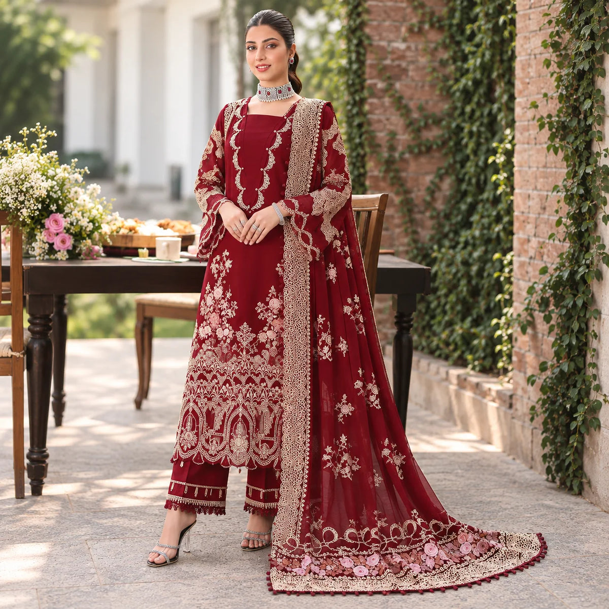 Luxury Dhanak Embroidered 3-Piece Winter Suit – DE-6124 | Black & Red