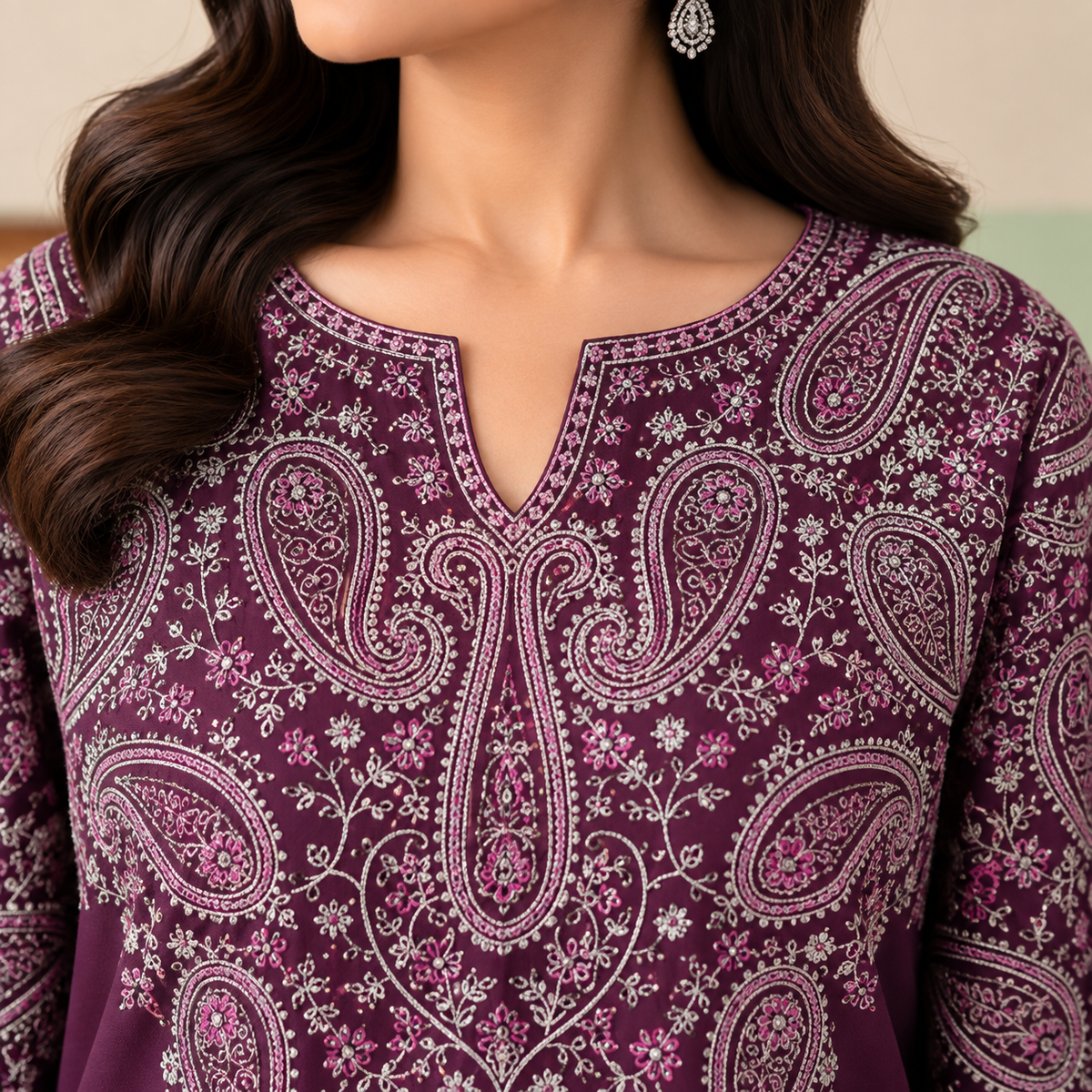 Dhanak Embroidered 2-Piece Winter Suit – Maroon & Purple | DE-6206