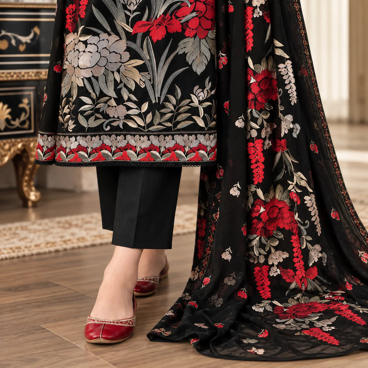 Black Dhanak Luxury Floral Embroidered 3-Piece Winter Suit – DE-6209