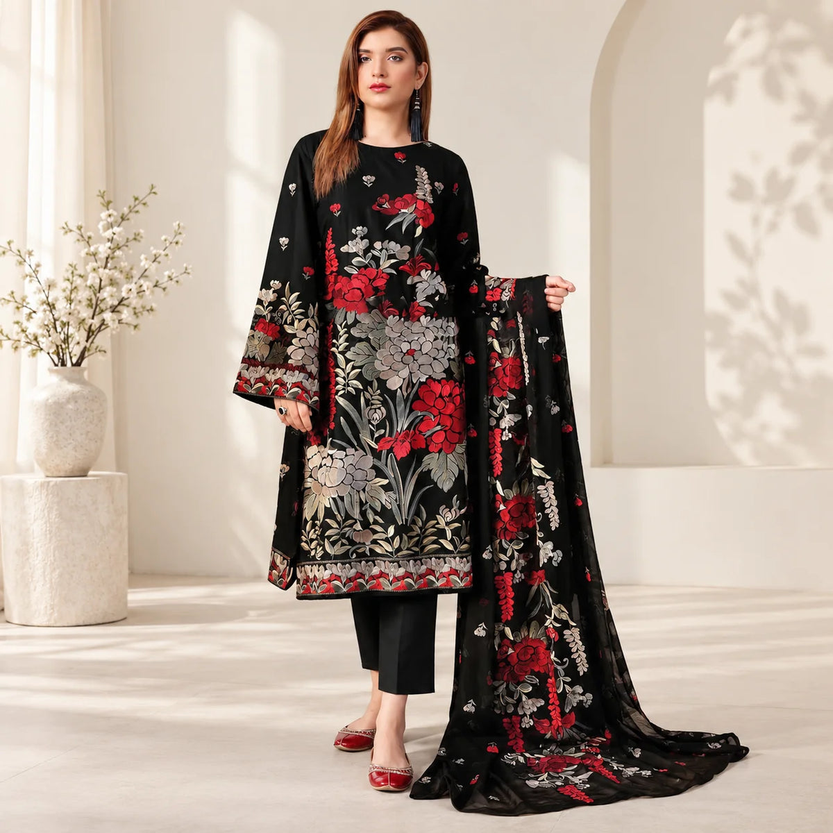 Black Dhanak Luxury Floral Embroidered 3-Piece Winter Suit – DE-6209