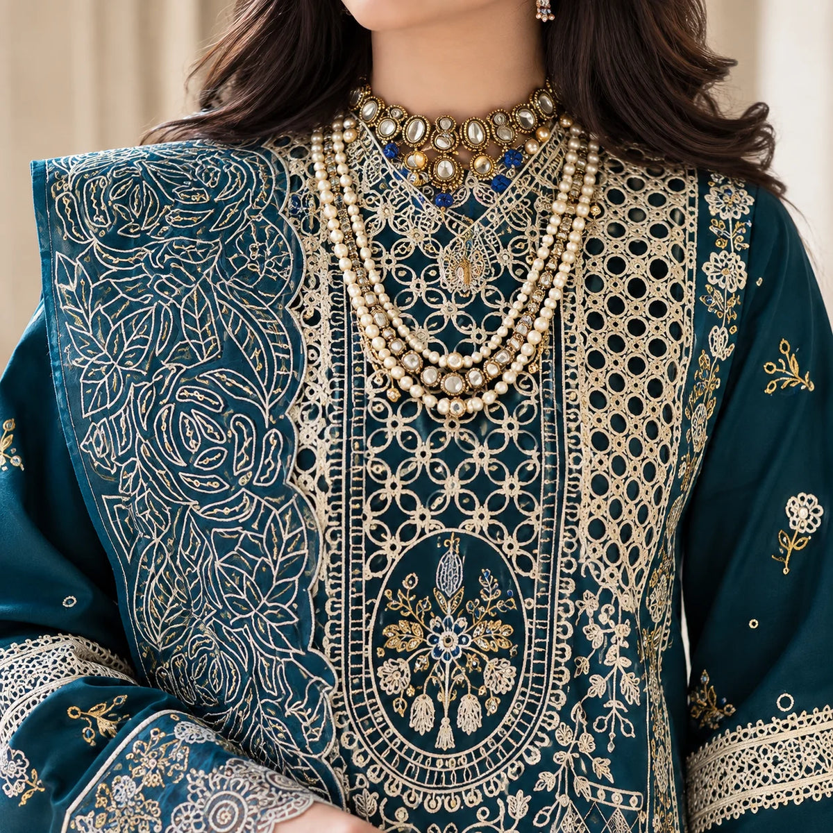 Teal Blue Dhanak Luxury Embroidered 3-Piece Winter Suit – DE-6135