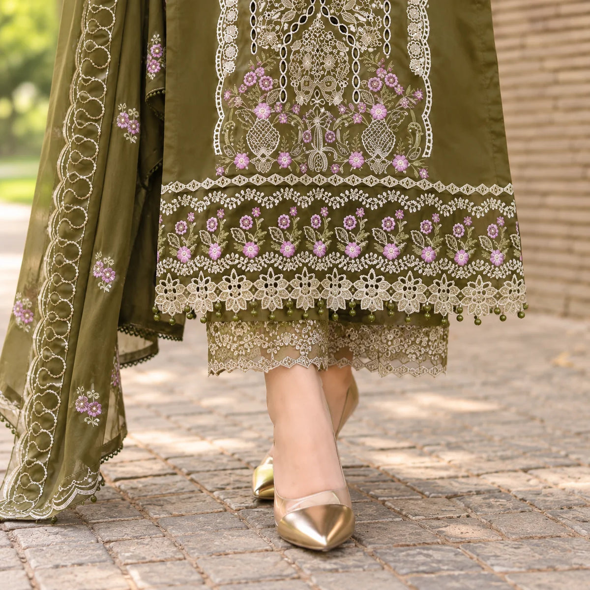Olive Green Dhanak Luxury Embroidered 3-Piece Winter Suit – DE-6116