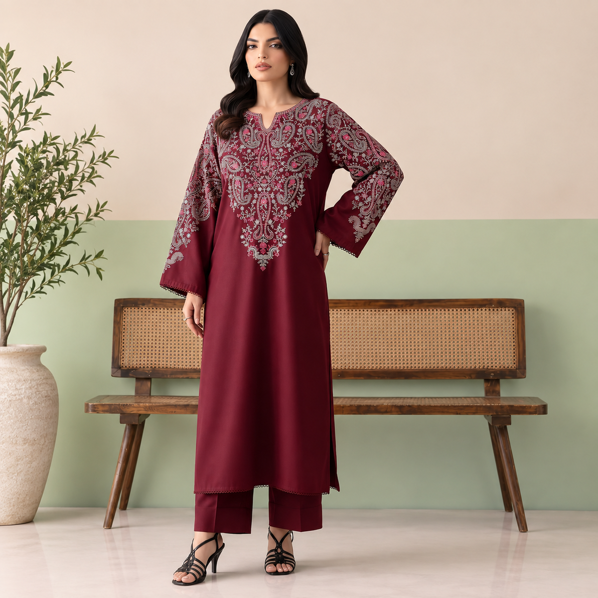 Dhanak Embroidered 2-Piece Winter Suit – Maroon & Purple | DE-6206